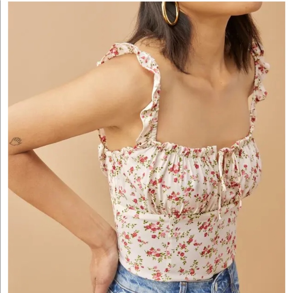 Reformation Cortese Cream Floral Ruffled Strap Crop Top